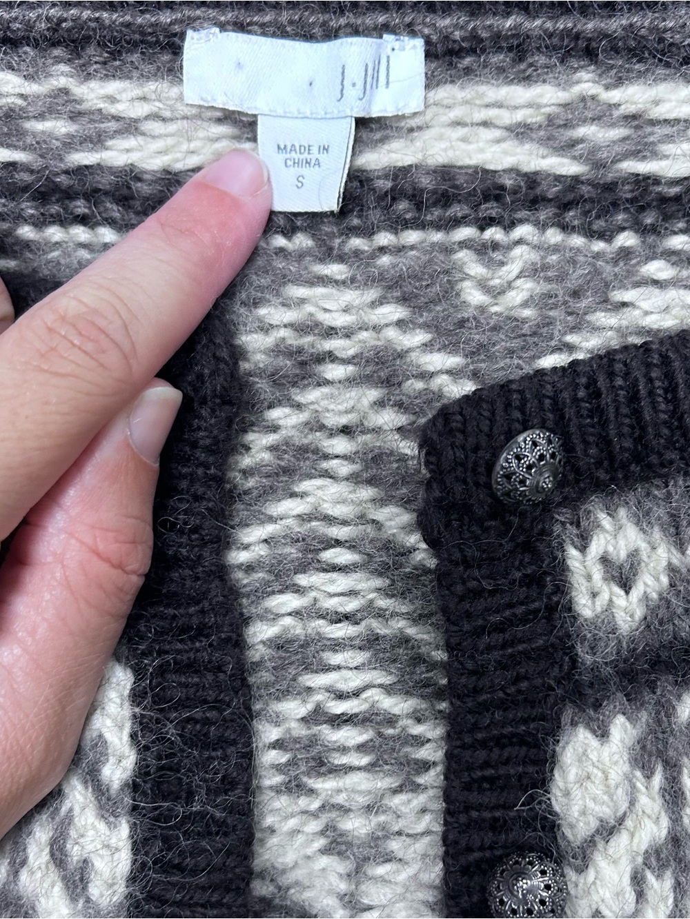 J. Jill Fair Isle Brown and Cream Cardigan Sweater S Wool Blend - Picture 3 of 4